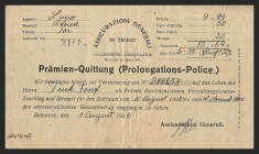 BUKAREST / LUGOS / RESICA, 1922 ACT INTERBELIC PRELUNGIRE POLIȚĂ DE ASIGURARE, PRAMIEN-QUITTUNG (PROLONGATIONS POLICE), ASSICURAZIONI GENERALI TRIESTE