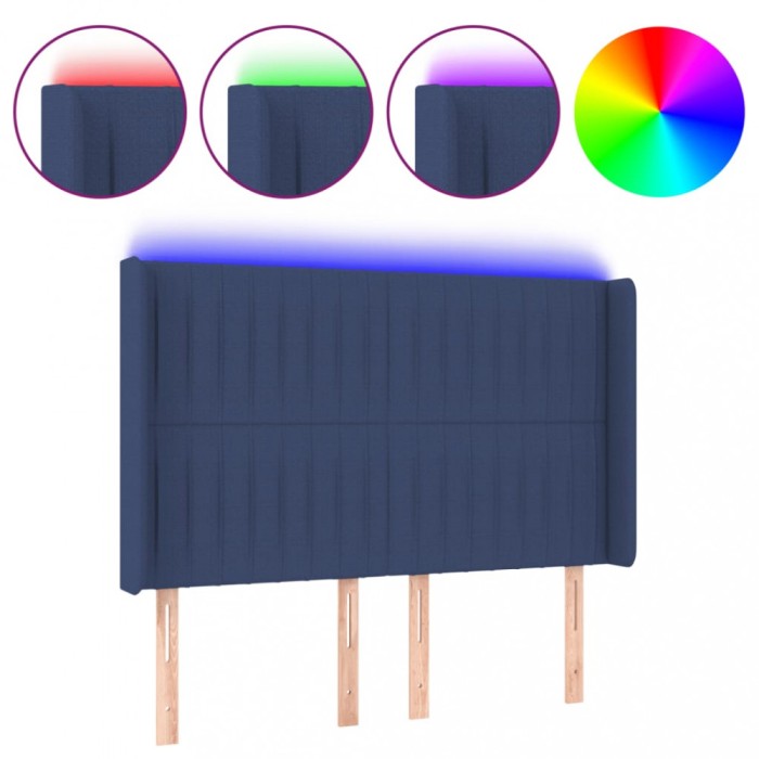 Tablie de pat cu LED, albastru, 147x16x118/128 cm, textil