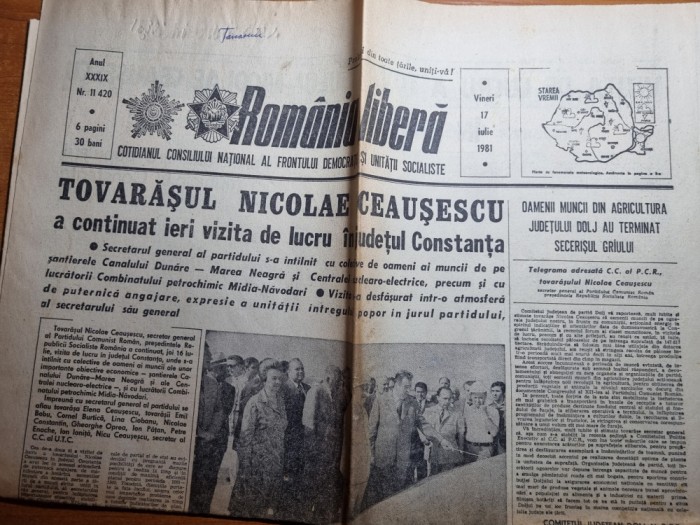 romania libera 17 iulie 1981-vizita lui ceausescu in jud. constanta