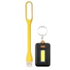 Set iluminare USB portabil, lampa flexibila 1.5W 5V 16.8 cm galben + lanterna breloc LED cu agatatoare, lumina alba, functionare baterii AAA