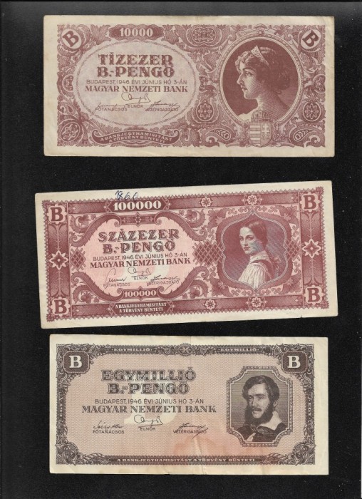 Rar! Set Ungaria 10000+100000+1000000 B (bilioane) pengo 1946