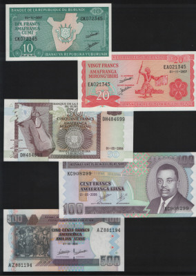 Set Burundi 10 + 20 + 50 + 100 + 500 francs franci unc foto