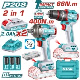 TOTAL - SET SCULE ELECTRICE CU 2 UNELTE CU MOTOR FARA PERII &ndash; 20V (INCLUDE 2 ACUMULATOR SI INCARCATO PowerTool TopQuality