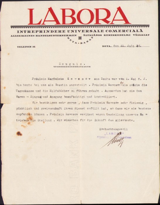 HST A1431 Act antet Labora &icirc;ntreprindere comercială Deta Timiș 1926