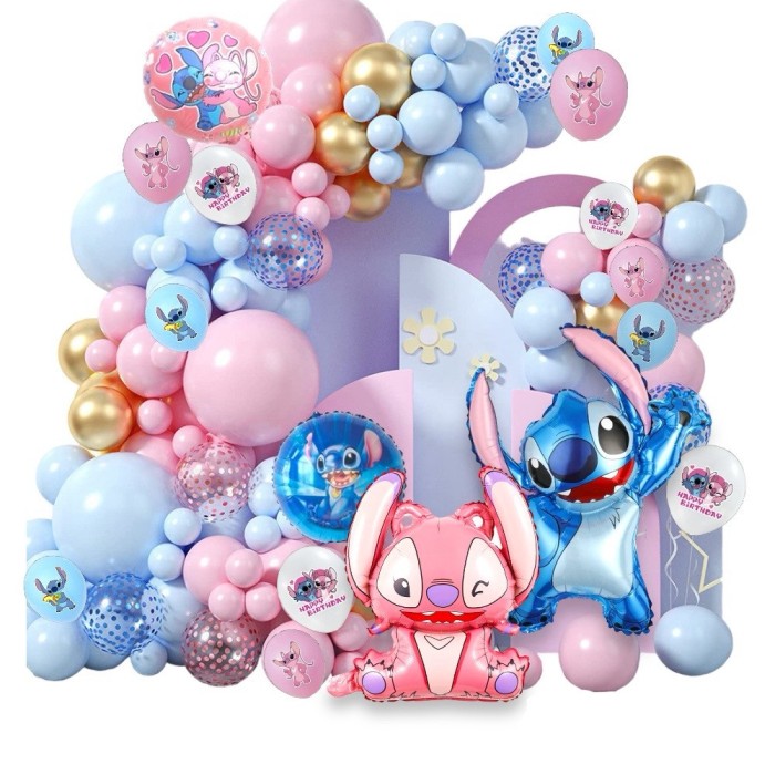 Set arcada baloane decorative Lilo &amp; Stitch din 146 piese ANTADESIM, calitate latex si folie aluminiu Extra, Roz si Bleu