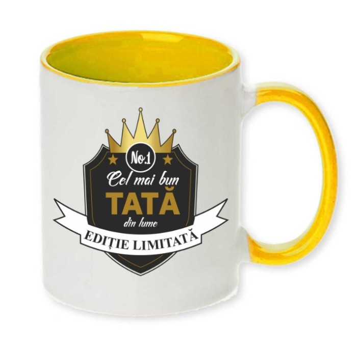 Cana maner galben personalizata &quot;Cel mai bun TATA&quot;, INOVATIX&reg;. 330ml