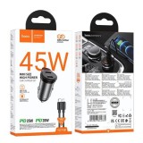 Incarcator Auto Hoco NZ16B, 45W Power Delivery, 2x Porturi USB-C, Cablu Lightning 1m Inclus, Incarcare Rapida, Design Metalic, Gri