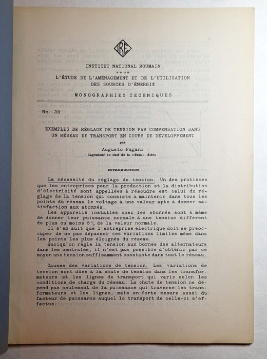 Monografie tehnică I.N.R./I.R.E. No. 28 &bdquo;Exemples de r&eacute;glage de tension&hellip;&rdquo; 1933