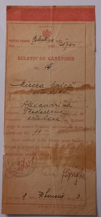 Buletin de casatorie , Colentina, anul 1948
