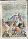 2 Lucrari Ana Teodorescu, Peisaj montan II + Barcă pe lac, fata - verso tehnica mixa pe carton subțire 30 x 20 / arta romaneasca / semnatura, Natura, Pastel, Abstract
