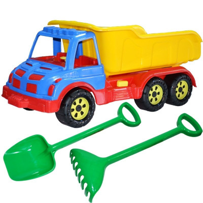 Camion de jucarie, bena basculanta, cu lopata si grebla, multiple culori foto