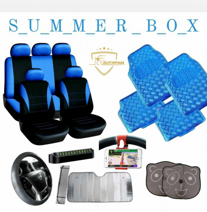 Summer Box&ndash;ALBASTRU&ndash;Huse scaune+Covorase+Husa volan+Suport telefon+Parasolare