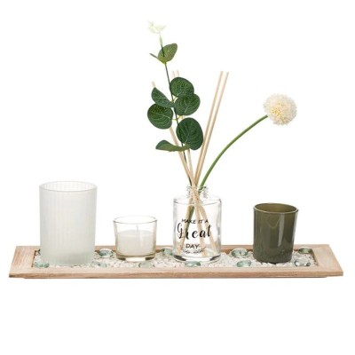 Set suport lumanari din lemn, sticla pentru ulei parfumat, lumanari si pietre decorative foto
