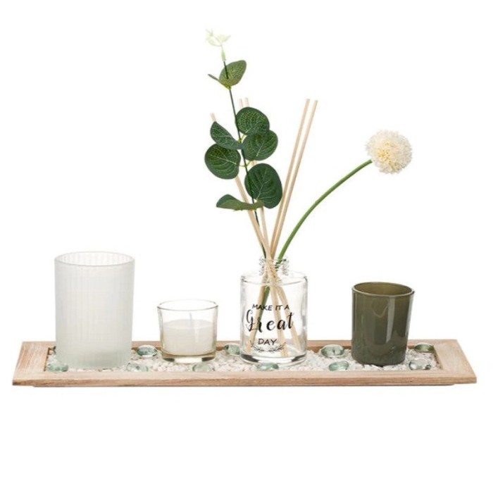 Set suport lumanari din lemn, sticla pentru ulei parfumat, lumanari si pietre decorative
