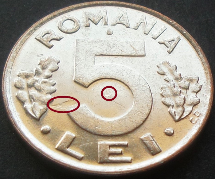 Moneda 5 LEI - ROMANIA, anul 1992 *cod 1582 A = A.UNC / EROARE BATERE