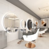 Consolă cu oglindă LED pentru frizerie, coafură și cosmetică, argintie, rotundă, 60x60