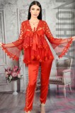Cumpara ieftin Set Lenjerie Dama Elegant Rosu: Halat, Top &amp; Pantaloni Lungi Satin, Broderie Florala, Push-Up. Marimi S/L