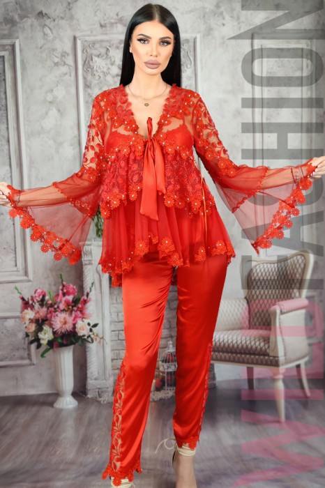 F782-3 Set 3 piese lenjerie eleganta din top, pantaloni lungi si halat