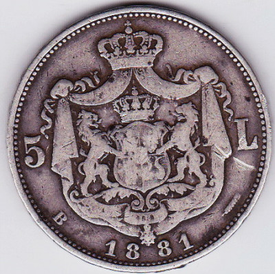 5 lei 1881 argint 6 stele cu 5 raze a cincea stea pe o raza vezi descrierea foto