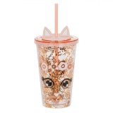 Pahar Plastic, Model Pisica, Capac cu Pai, Confetti, Culoare Somon, Capacitate 475ml