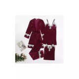 Cumpara ieftin Set Pijama de Dama 4 Piese din Catifea, Visiniu