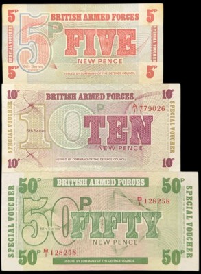 MAREA BRITANIE - 3 buc - BRITISH ARMED FORCES : 5 PENCE - XF ++ &amp;amp; 10 PENCE UNC &amp;amp; 50 PENCE UNC ,1971 , P-M47 + P-M48 + P-M49 Bradbury, Wilkinson&amp;amp;Co foto