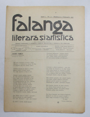 FALANGA LITERARA SI ARTISTICA , ZIAR SAPTAMANAL , ANUL I, NR. 5 , DUMINICA 7 FEBRUARIE , 1910 foto