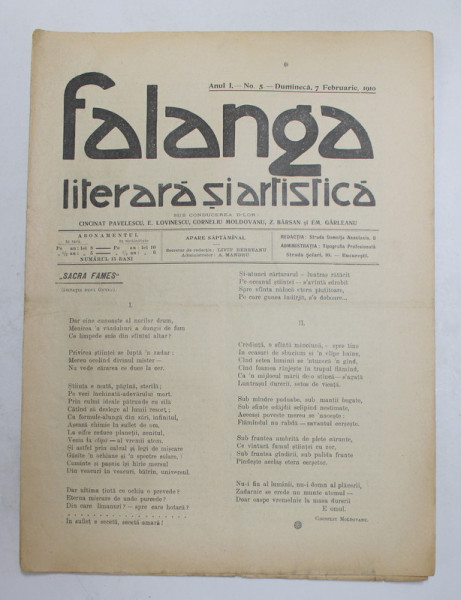 FALANGA LITERARA SI ARTISTICA , ZIAR SAPTAMANAL , ANUL I, NR. 5 , DUMINICA 7 FEBRUARIE , 1910