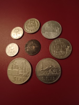 Lot 7 monede romanesti (stare excelenta):5 + 15 + 25 bani 1966, 5 bani 1975, 1 leu + 3 lei 1966, 25 bani 1982. 1 Pfennig 1809[poze].Discount pt 50 lei foto