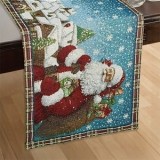 Runner Decorativ de Craciun Tapiserie Albastru Rosu cu Mos Craciun, CMCLASS