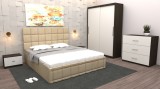Dormitor Regal cu Pat Tapitat Bej stofa cu dulap usi glisante Wenge fara oglinda si cu comoda Tv