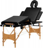 Pat masaj Bodyfit, 4 sectiuni, inaltime reglabila 62-86cm, husa transport, cadru lemn, piele ecologica, pliabil, negru
