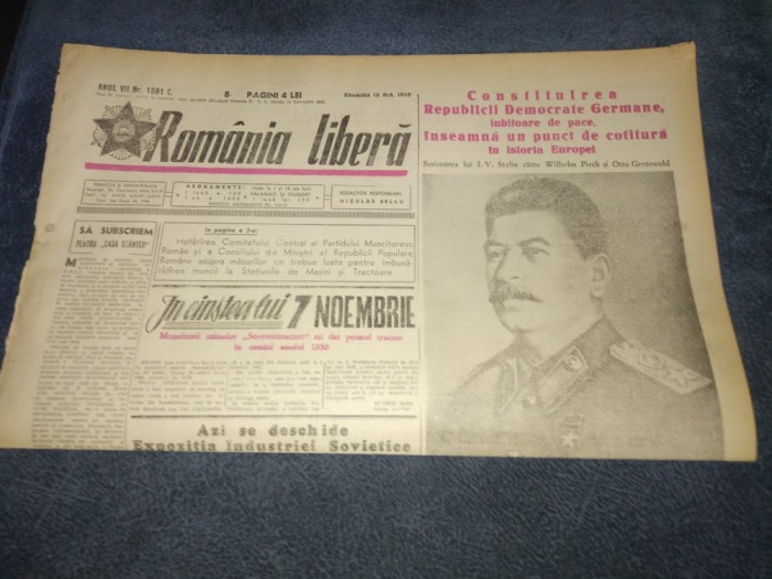 ZIARUL ROMANIA LIBERA 15 OCTOMBRIE 1949