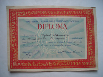 Diploma RPR Comisia Centrala de Organizare a Spartachiadei Tineretului, 1957 foto