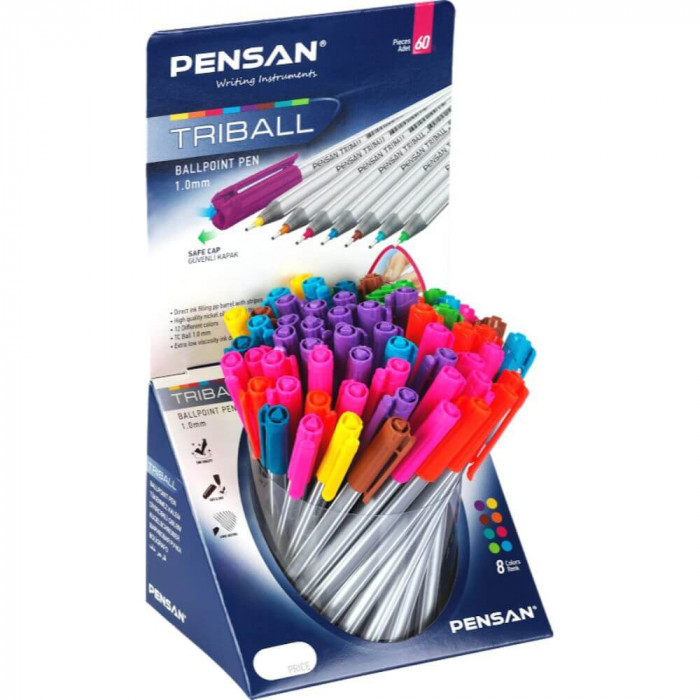 Pixuri PENSAN Triball, Varf 1 mm, 60 Buc/Set, Scriere Multicolora, Corp de Plastic, Pixuri Scolare, Pixuri pentru Scoala, Pixuri Colorate, Set Pixuri