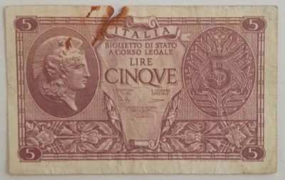 Bancnota Italia - 5 Lire 1944 foto