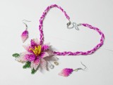 Set floare Nufar roz, ciclam, unicat, colier si cercei, handmade margele