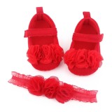 Pantofiori rosii cu floricele din tulle si bentita asortata (Marime