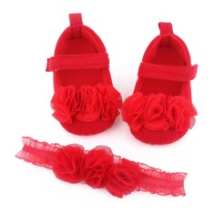 Pantofiori rosii cu floricele din tulle si bentita asortata (Marime foto