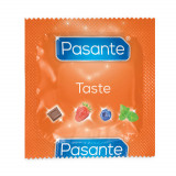 Pasante Taste prezervativ. Aromatizat cu mentă, căpșuni, ciocolată și afine.