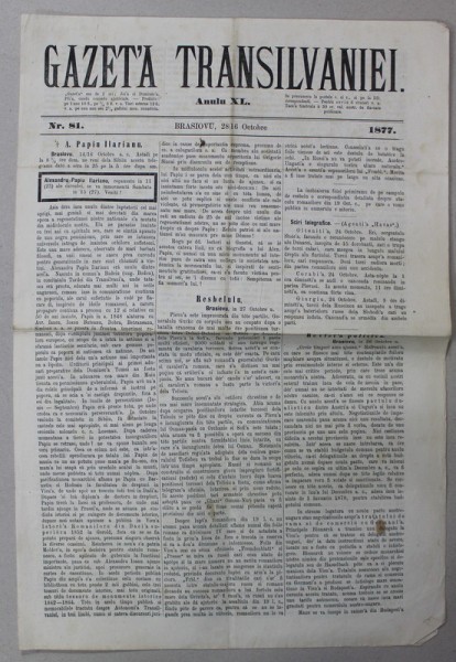 GAZETA TRANSILVANIEI , BRASOV , REDACTOR IACOB MURESIANU , ANUL XL , NR.81 , 28 OCTOMBRIE , 1877
