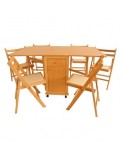 Set masa plianta cu spatiu depozitare, usa si sertar, Pal Melaminat, 160x96x80 cm si 6 scaune pliante lemn, tapitate cu piele ecologica, fag