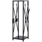 Suport lemne de Interior si Exterior cu economisire de spatiu din Metal cu Paleta, Matura, Vatrai si Cleste 34x34x111cm Negru Outsunny | Aosom RO