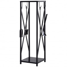 Suport lemne de Interior si Exterior cu economisire de spatiu din Metal cu Paleta, Matura, Vatrai si Cleste 34x34x111cm Negru Outsunny | Aosom RO