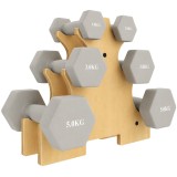 SPORTNOW Set gantere 3 perechi 1kg 3kg 5kg cu suport din lemn, m&acirc;ner antiderapant, fontă Hexagon Gri deschis | Aosom Romania