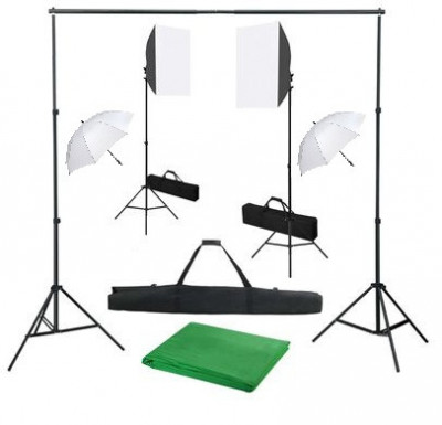 Kit studio foto,2 lumini softbox,2 umbrele,suport fundal 2x2m,4x bec 45W + genti de transport foto