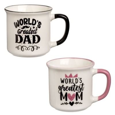 Set 2 Cani din Ceramica, 340 ml, Ecru/Roz/Negru, Model &amp;bdquo;Greatest Mom &amp;amp; Dad foto
