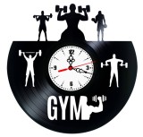 Ceas de perete din disc vinil, Tematică GYM / Fitness, Design Culturism cu Siluete și Haltere, Negru