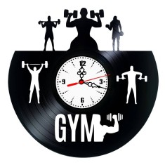 Ceas de perete din disc vinil, Tematică GYM / Fitness, Design Culturism cu Siluete și Haltere, Negru