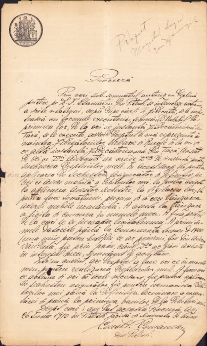 A2679N Procură pentru reprezentare &icirc;n fața instanțelor judecătorești, 1910, Pitești